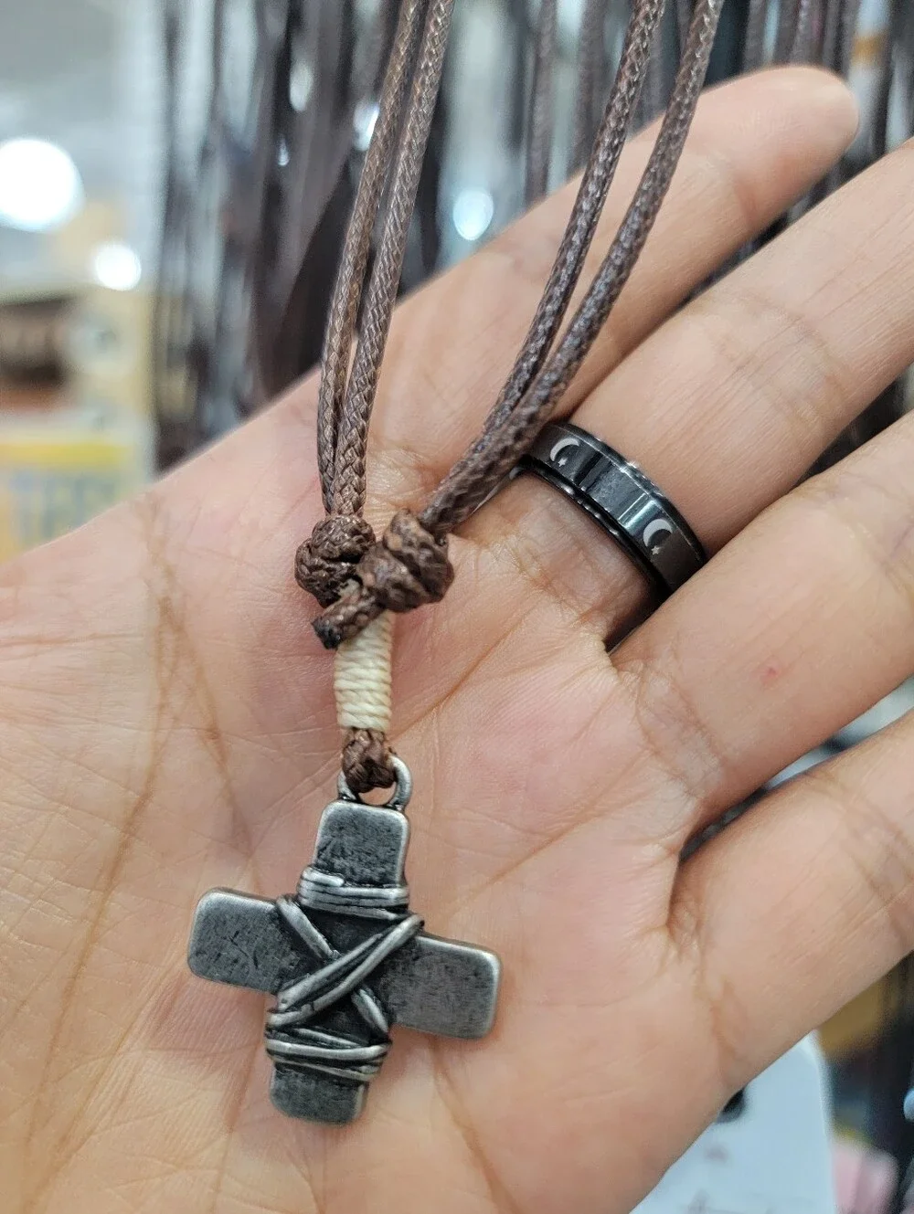 Mens Brown Cord Necklace with Silver Cross Pendant